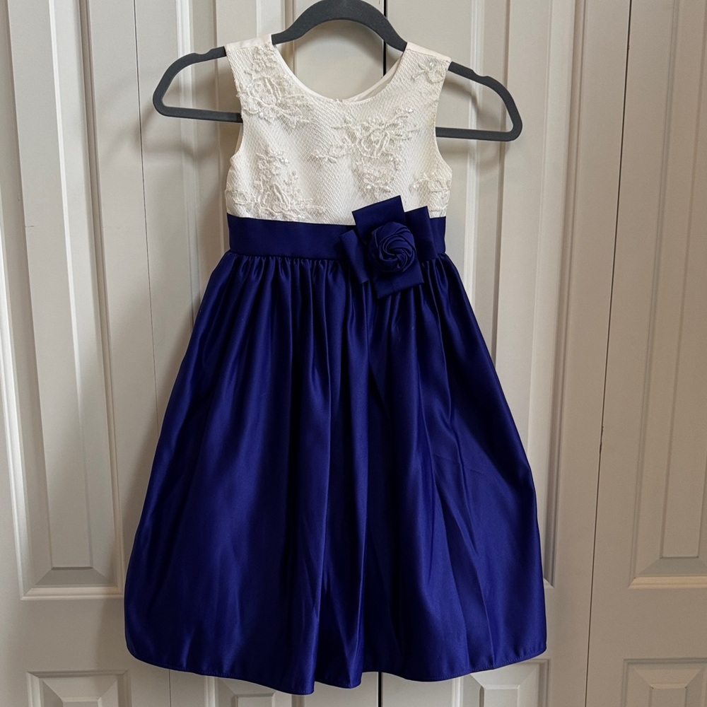 Elegant White and Royal Blue Kids Dress